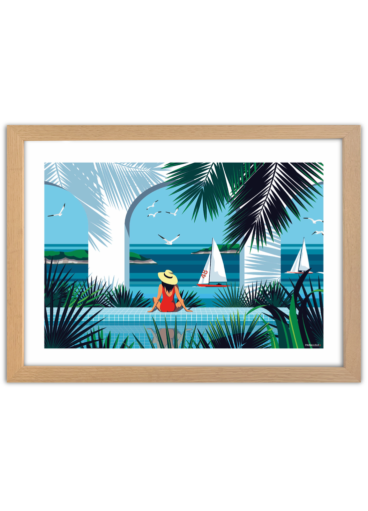 Affiche tropicale d'une femme au bord de la Piscine "Après la baignade" avec un cadre en chêne