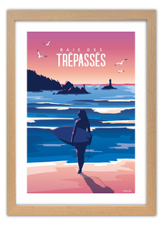 Affiche d'un surfeur à la Baie des trépassés avec un cadre en chêne