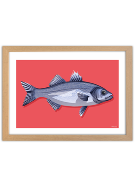 Affiche déco de poisson "Le Bar" pour pêcheur avec un cadre en chêne