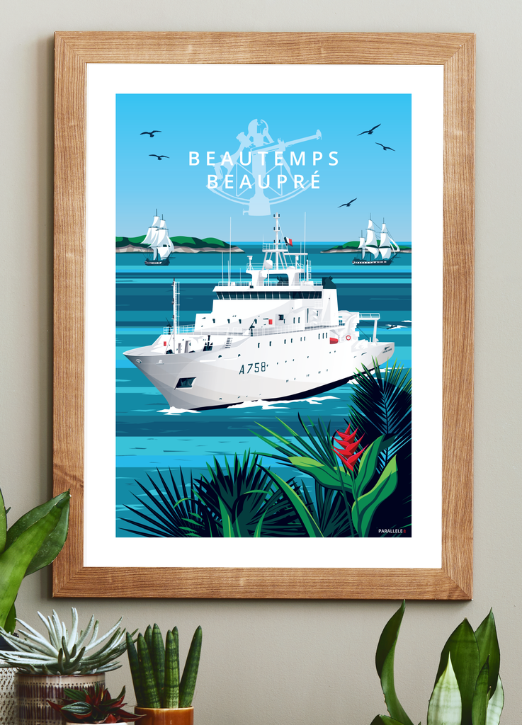 Affiche du Beautemps-Beaupré en mission dans le Pacifique avec un cadre en bois