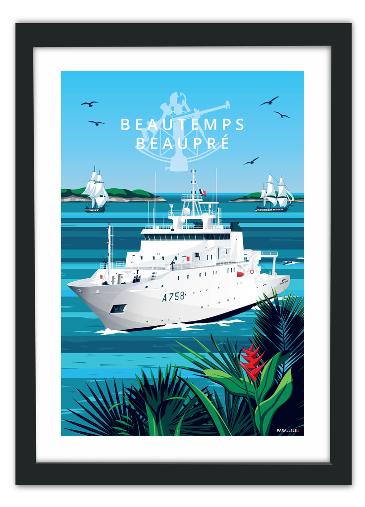 Affiche du Beautemps-Beaupré en mission dans le Pacifique avec un cadre noir