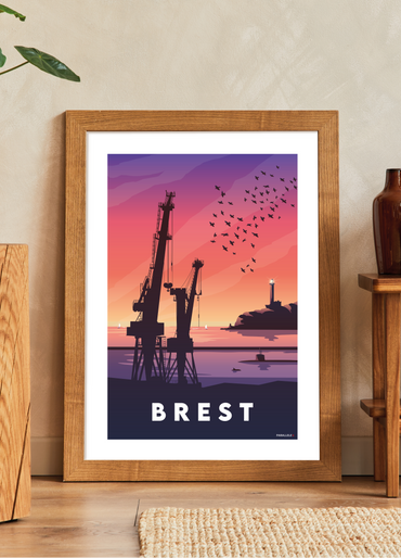 Affiche de coucher de soleil sur les grues et la rade de Brest