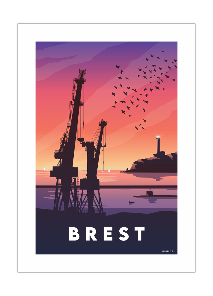 Affiche de coucher de soleil sur les grues et la rade de Brest