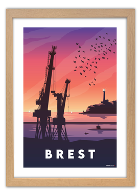 Affiche de coucher de soleil sur les grues et la rade de Brest avec un cadre en chêne