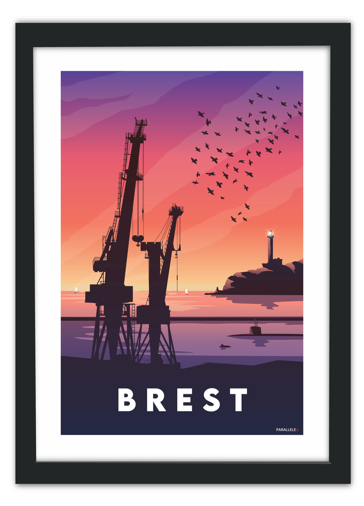 Affiche de coucher de soleil sur les grues et la rade de Brest avec un cadre noir