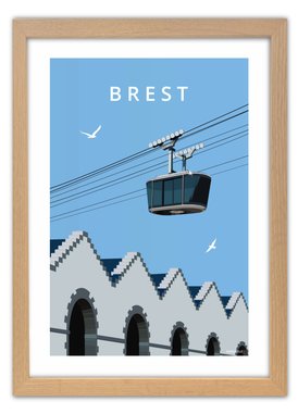 Affiche du téléphérique de Brest avec un cadre en chêne