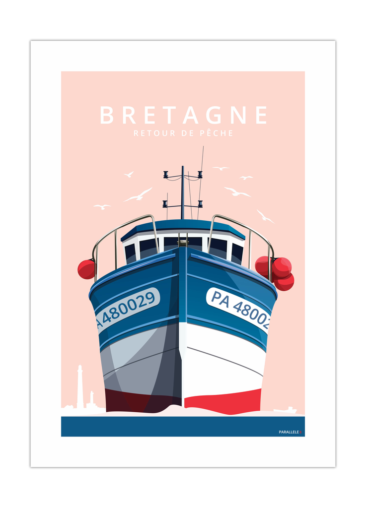 Affiche d'un bateau de pêche en Bretagne sur fond rose
