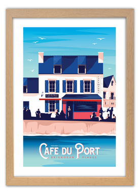 Affiche le Café du port à Brignogan-Plages avec un cadre en chêne