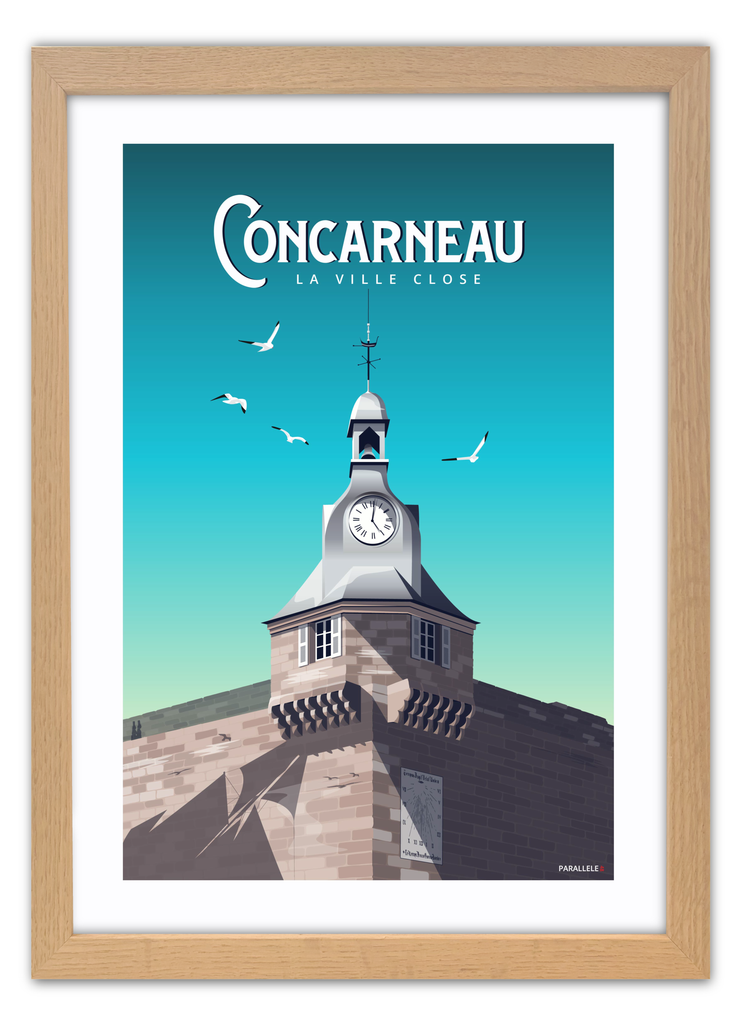 Affiche du clocher de la ville close de Concarneau avec un cadre en chêne