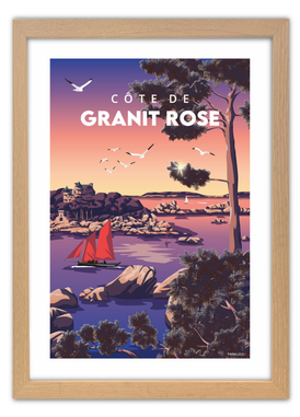 Affiche de la Côte de Granit Rose avec un cadre en chêne