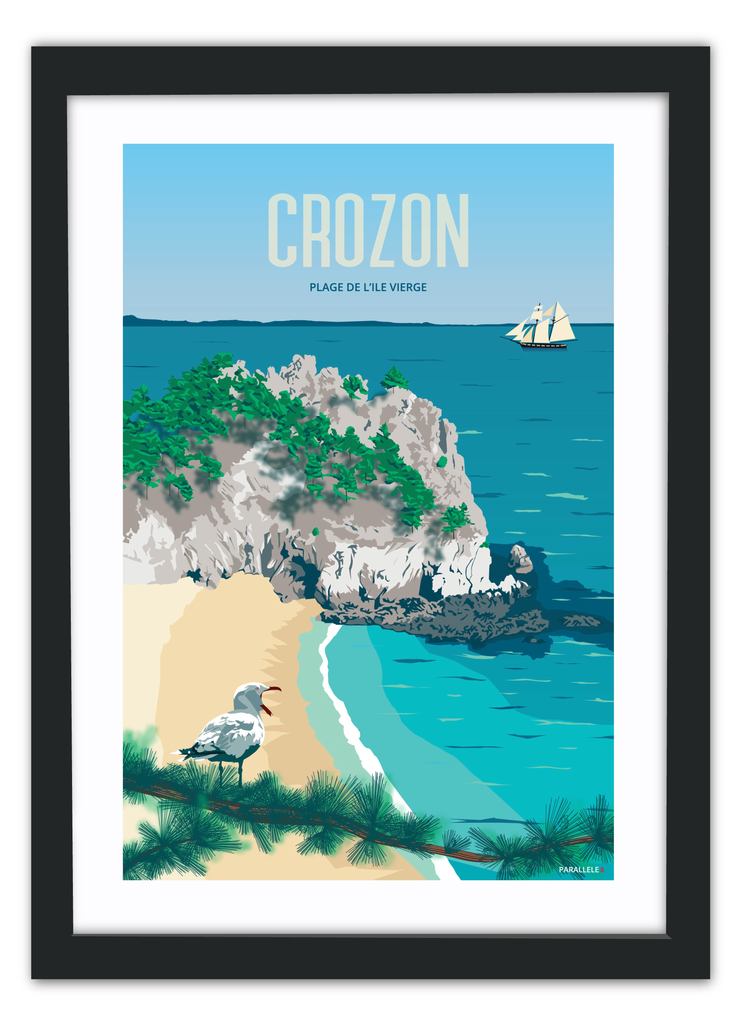 Affiche de la plage de l'île vierge à Crozon avec un cadre noir