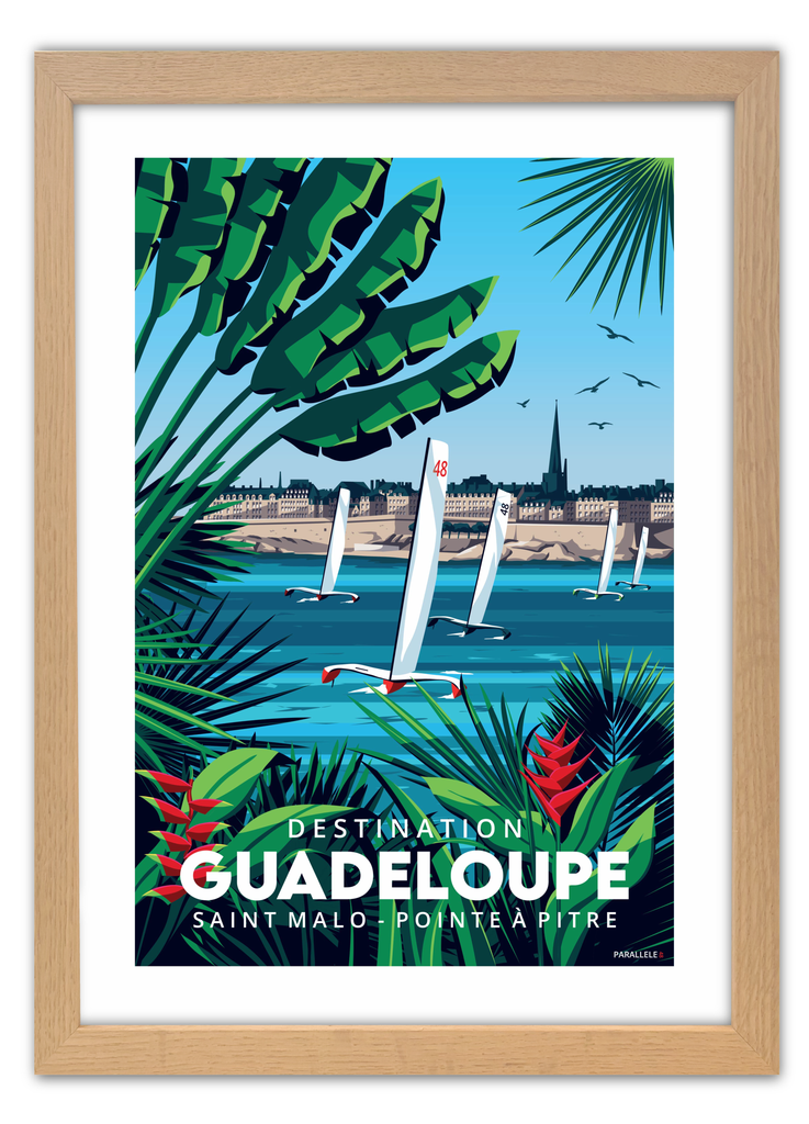 Affiche de la Route du Rhum reliant la Guadeloupe et Saint-Malo avec un cadre en chêne
