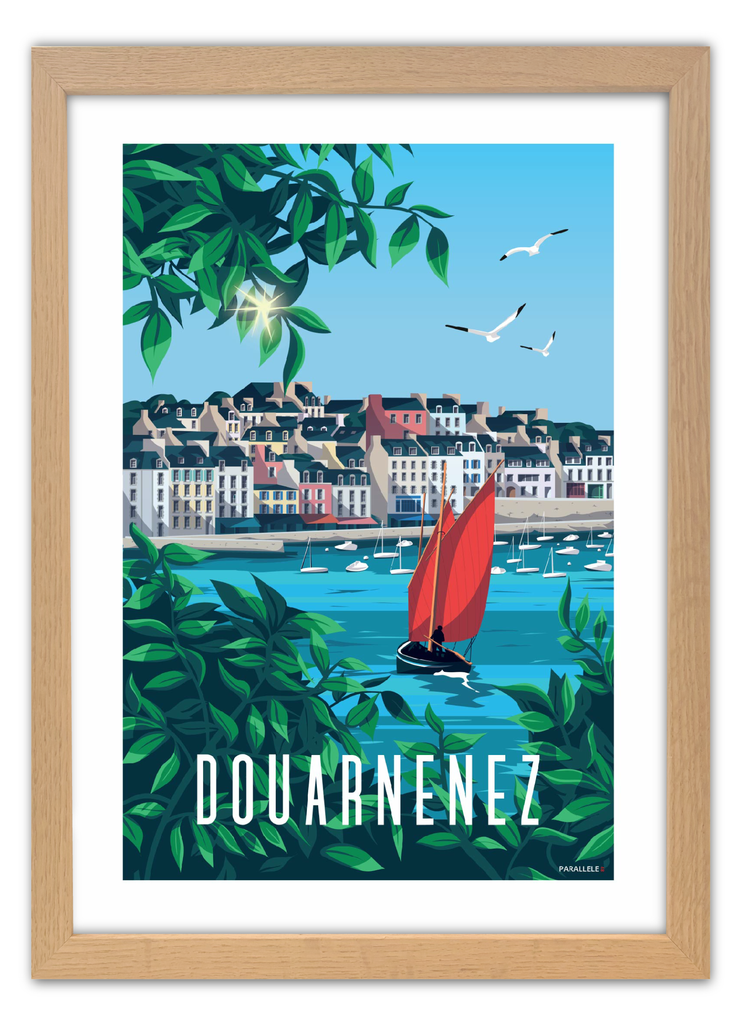 Affiche du port du rosmeur à Douarnenez avec un cadre en chêne