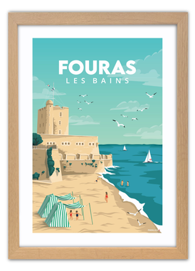 Affiche de la grand plage de Fouras-les-bains avce un cadre chêne