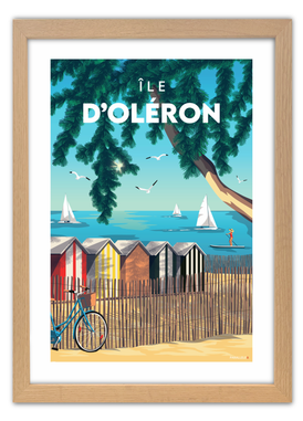 Affiche des cabanes de l'île d'oléron avec un cadre en chêne