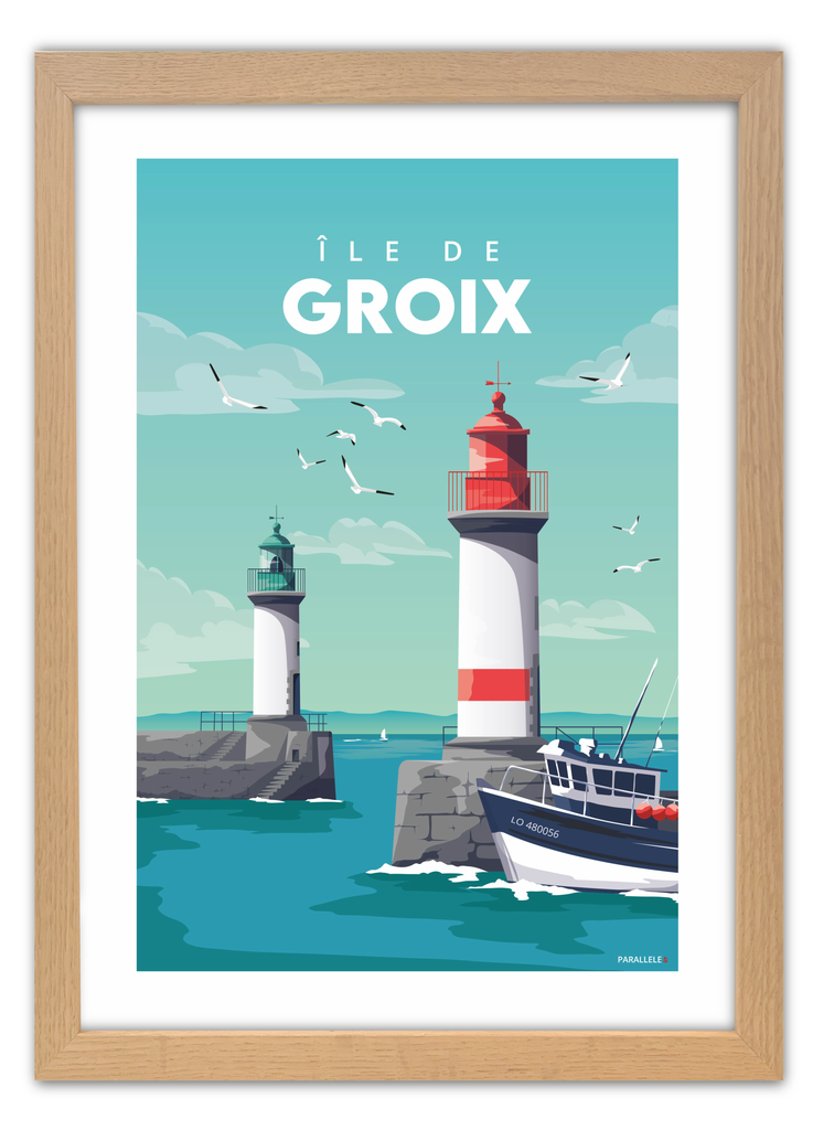 Affiche du port de l'île de Groix avec un cadre chêne