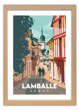 Affiche du centre ville de Lamballe-Armor avec un cadre en chêne