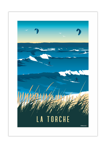 Affiche de surfeurs sur le spot de la Torche