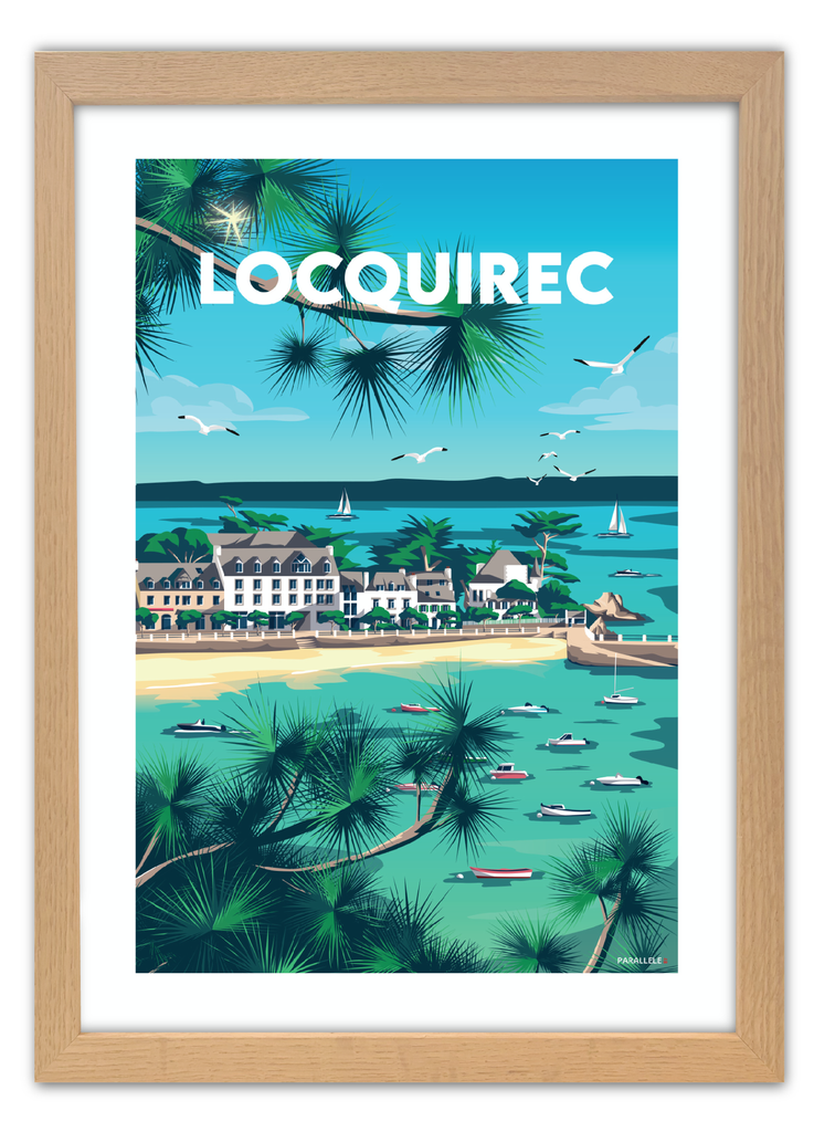 Affiche du port de Locquirec avec un cadre en chêne
