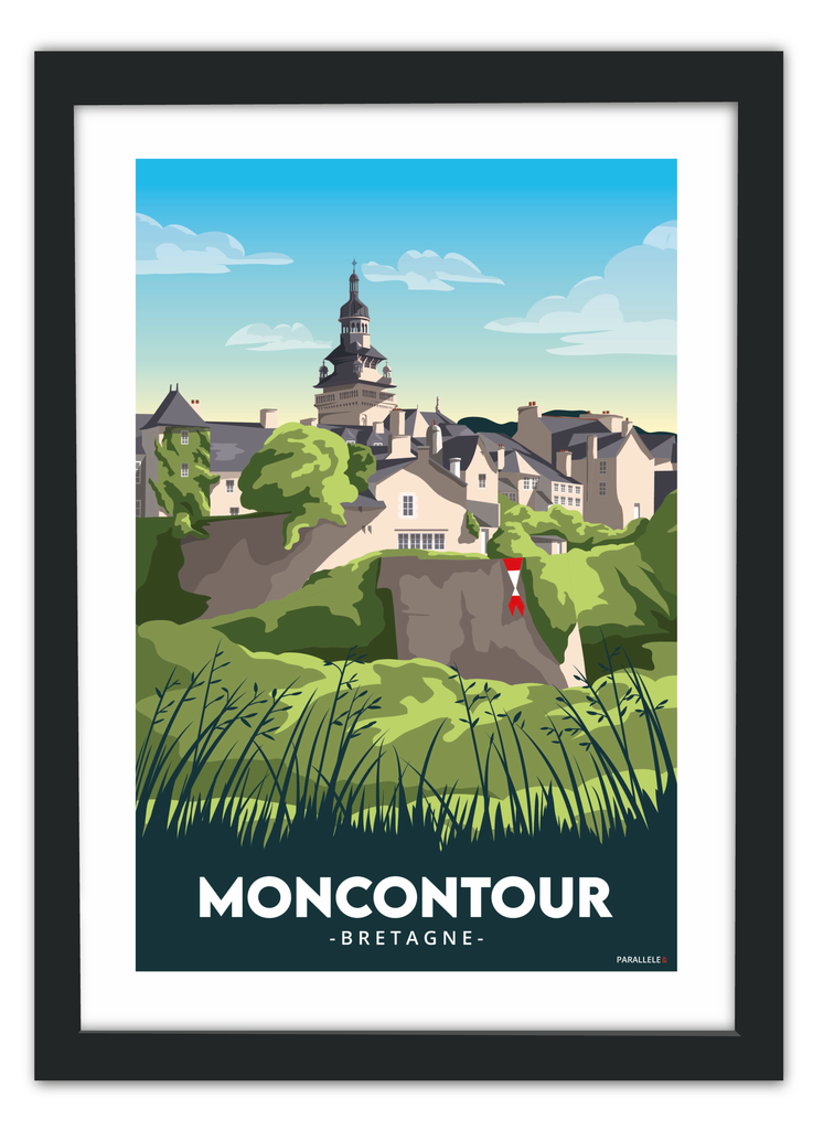 Affiche déco de la ville de Moncontour dans les Côtes-d'Armor avec un cadre noir