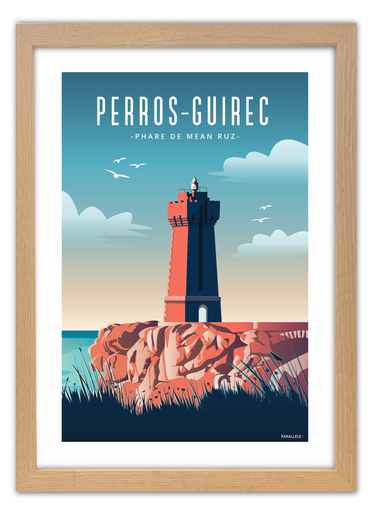 Affiche du Phare de Perros-Guirec sur la Côte de Granit rose avec un cadre en chêne