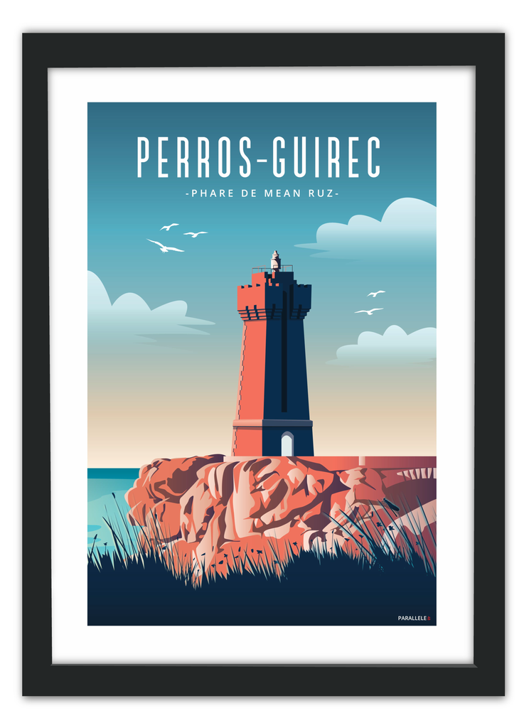 Affiche du Phare de Perros-Guirec sur la Côte de Granit rose avec un cadre noir