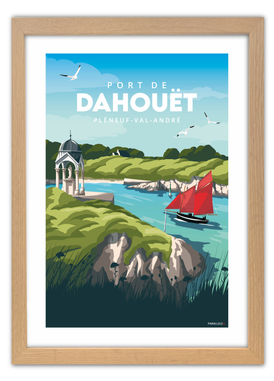 Affiche du port de Dahouët au Pléneuf Val André avec un cadre en chêne