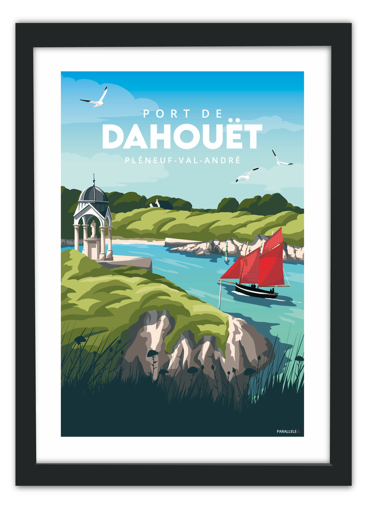 Affiche du port de Dahouët au Pléneuf Val André avec un cadre noir