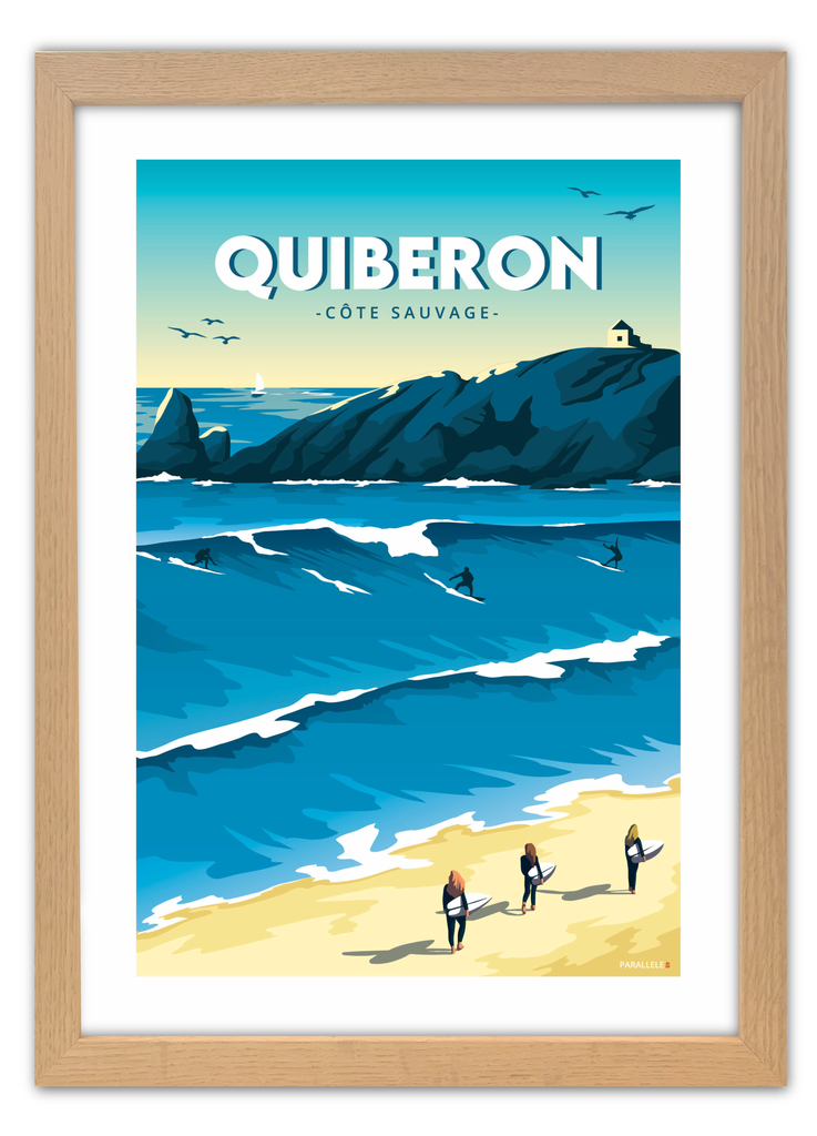Affiche du spot de surf de la côte sauvage à Quiberon avec un cadre en chêne