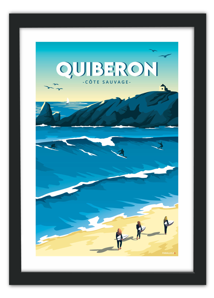 Affiche du spot de surf de la côte sauvage à Quiberon avec un cadre noir