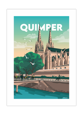 Affiche déco des quais de l'Odet et de la cathédrale de Quimper