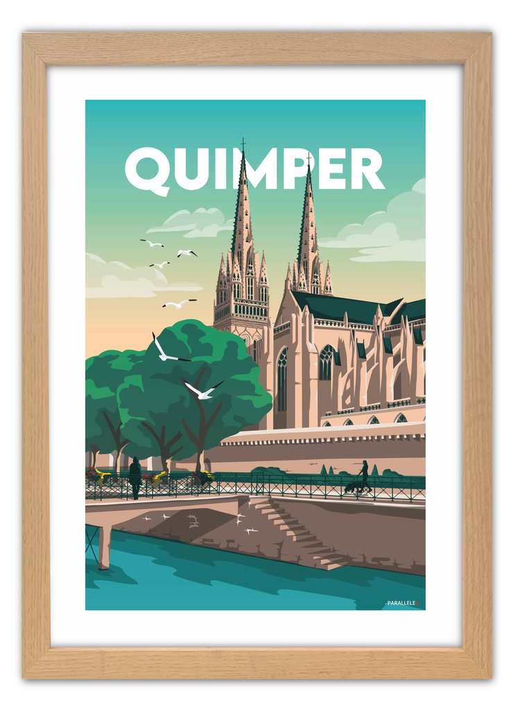Affiche déco des quais de l'Odet et de la cathédrale de Quimper avec un cadre en chêne