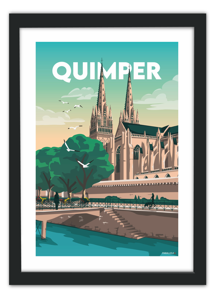 Affiche déco des quais de l'Odet et de la cathédrale de Quimper avec un cadre noir