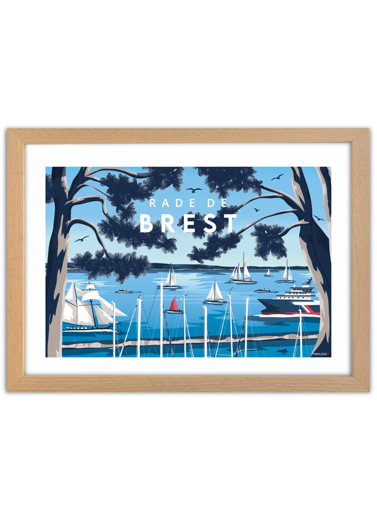Affiche de la rade de Brest pendant les Fêtes Maritimes avec un cadre en chêne