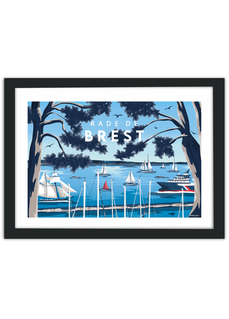 Affiche de la rade de Brest pendant les Fêtes Maritimes avec un cadre noir