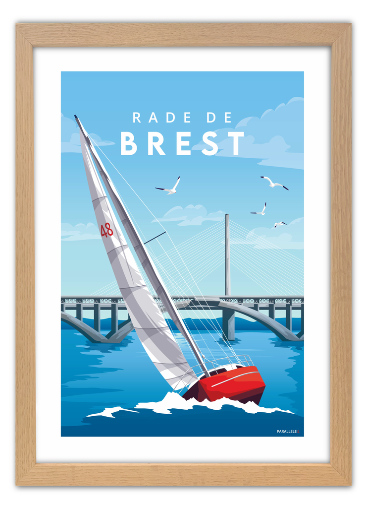 Affiche d'un voilier naviguant en rade de brest devant le pont de plougastel avec un cadre en chêne