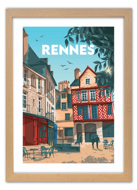 Affiche de la Place Sainte-Anne à Rennes avec un cadre en chêne