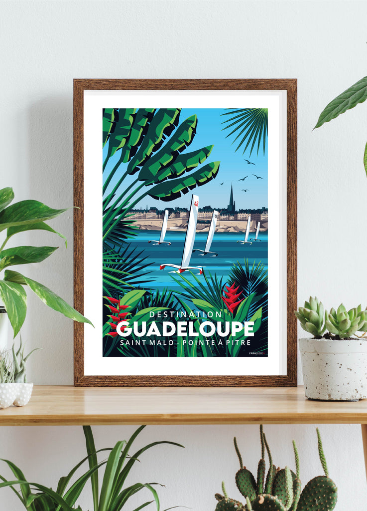 Affiche de la course nautique de la Route du Rhum entre Saint-Malo et la Guadeloupe