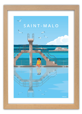 Affiche du plongeoir de la Piscine de Saint-Malo avec un cadre en chêne