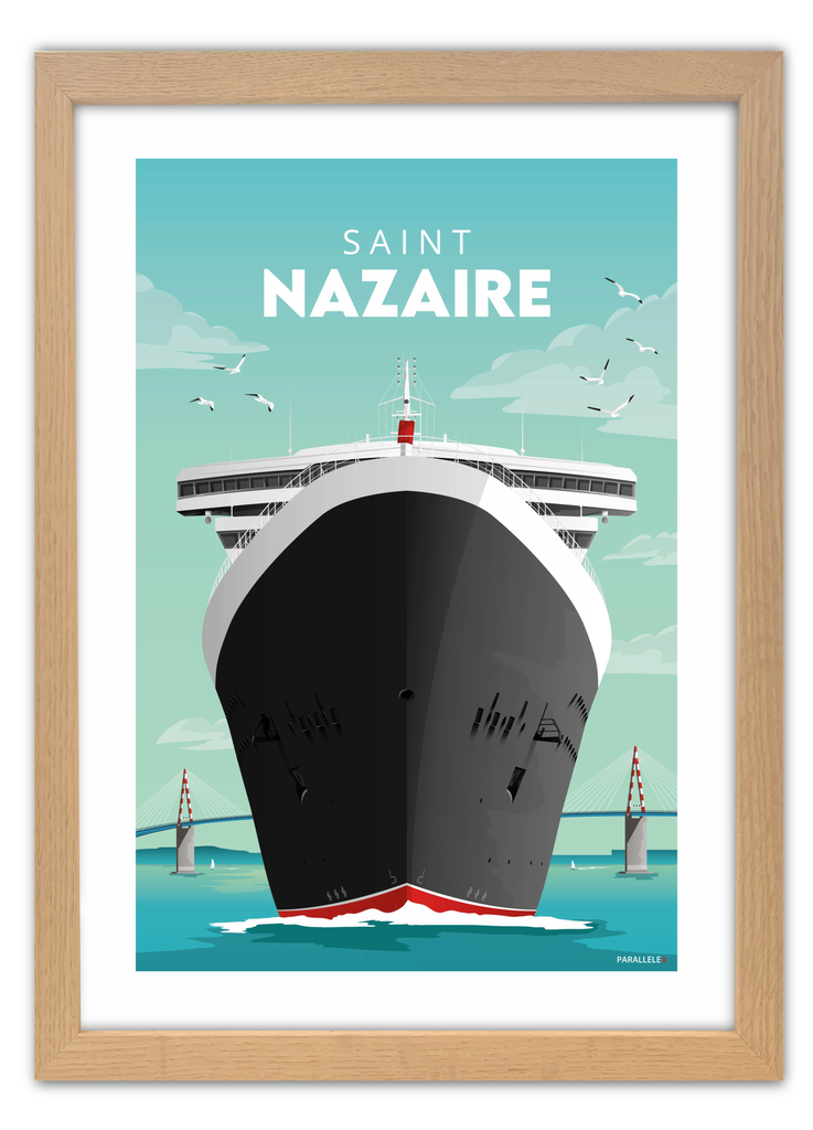 Affiche du Queen Mary 2 à Saint-Nazaire avec un cadre en chêne