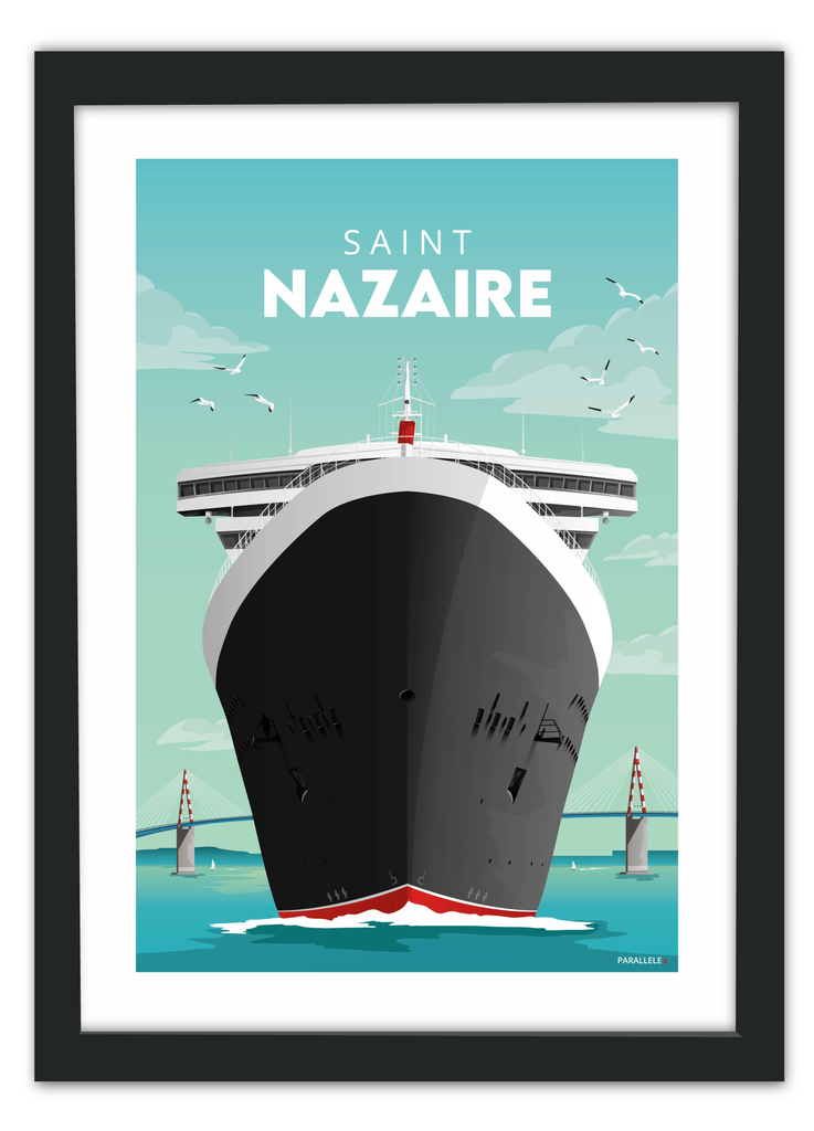 Affiche du Queen Mary 2 à Saint-Nazaire avec un cadre noir