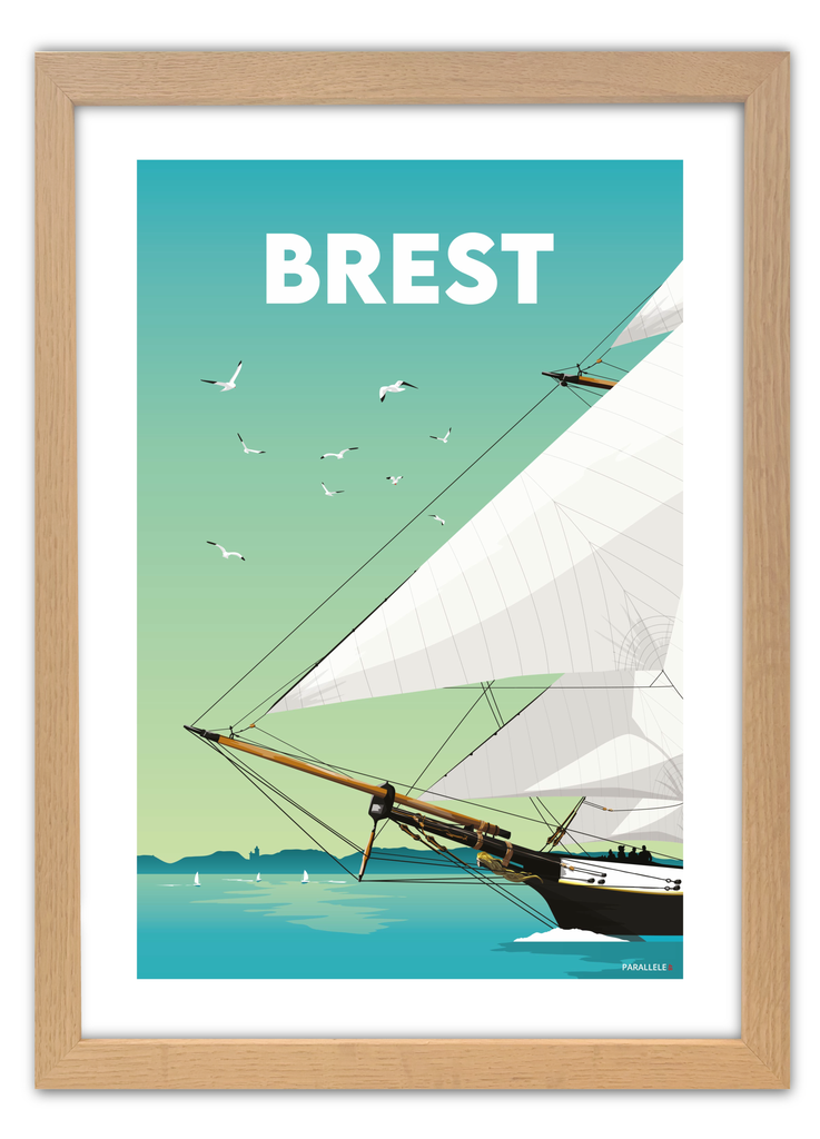 Affiche de la Recouvrance en rade de Brest avec un cadre en chêne