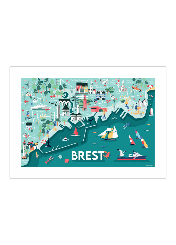 Affiche d'une carte illustrée de Brest