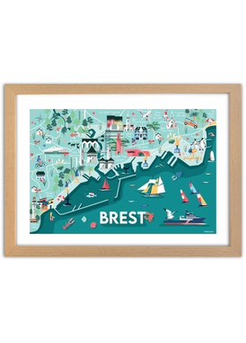 Affiche d'une carte illustrée de Brest avec un cadre chêne