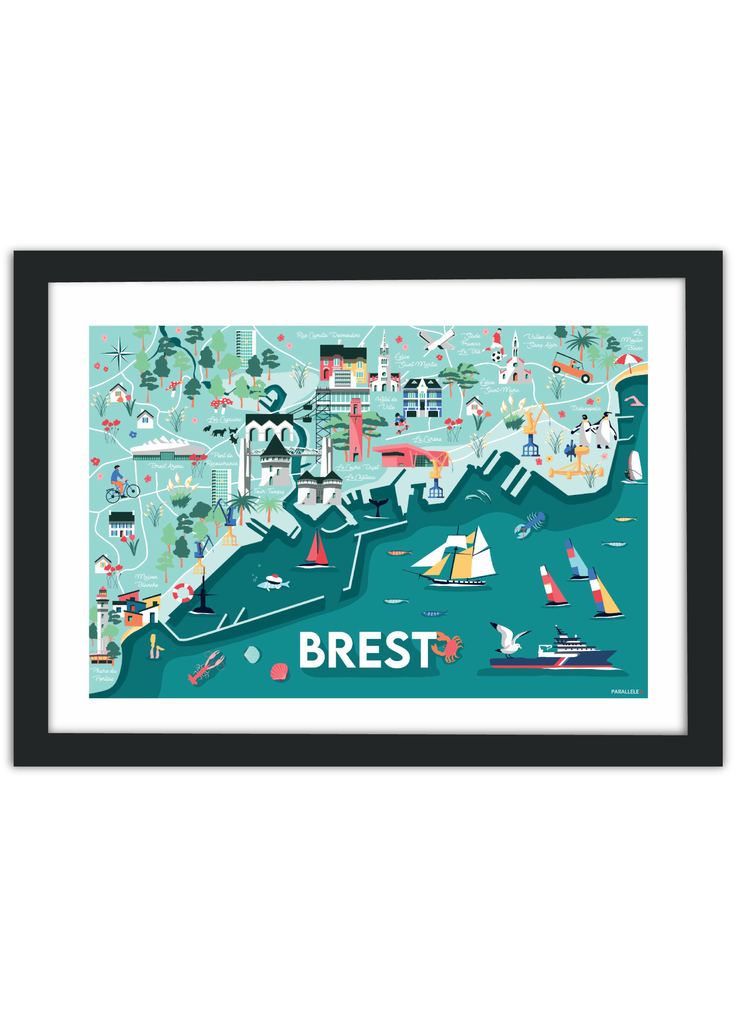 Affiche d'une carte illustrée de Brest avec un cadre noir