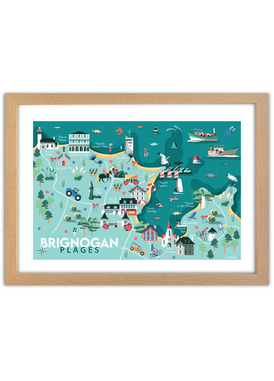 Affiche d'une carte illustrée de Brignogan-Plages avec un cadre en chêne