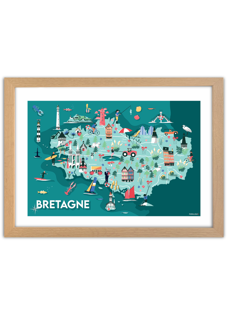 Affiche d'une carte illustrée de la Bretagne avec un cadre en chêne