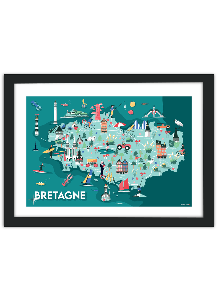 Affiche d'une carte illustrée de la Bretagne avec un cadre noir