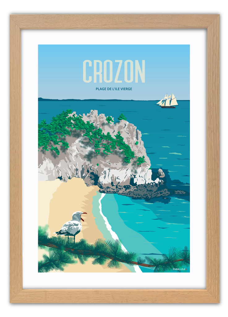 Affiche de la plage de l'île vierge à Crozon avec un cadre en chêne