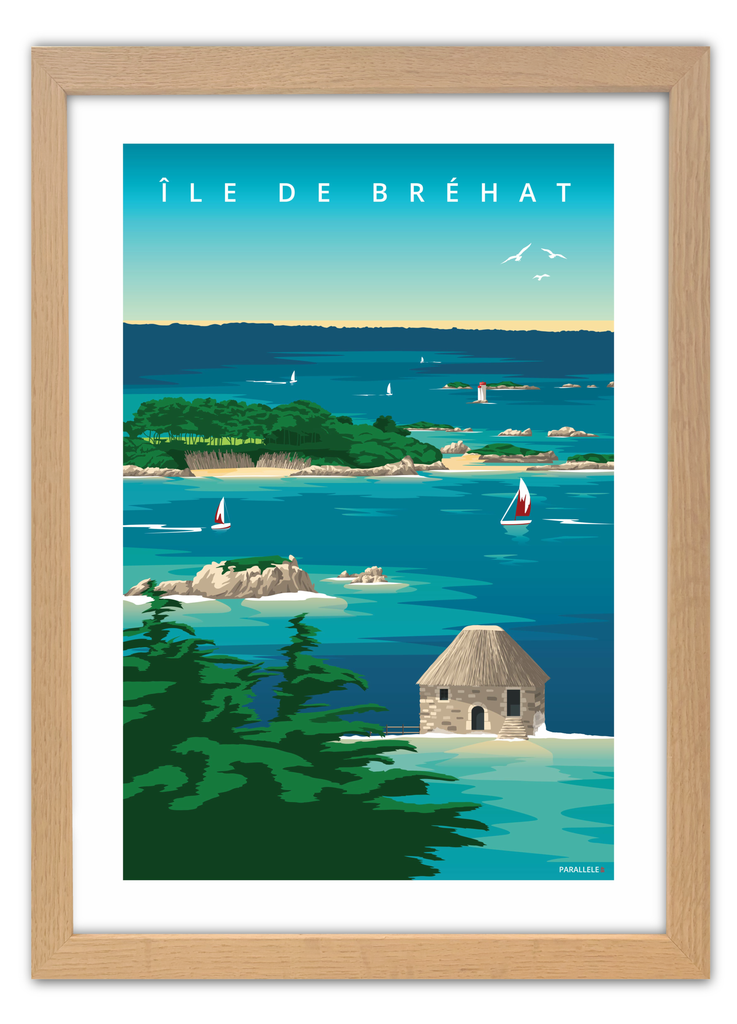 Affiche de l' Île de Bréhat avec un cadre en chêne
